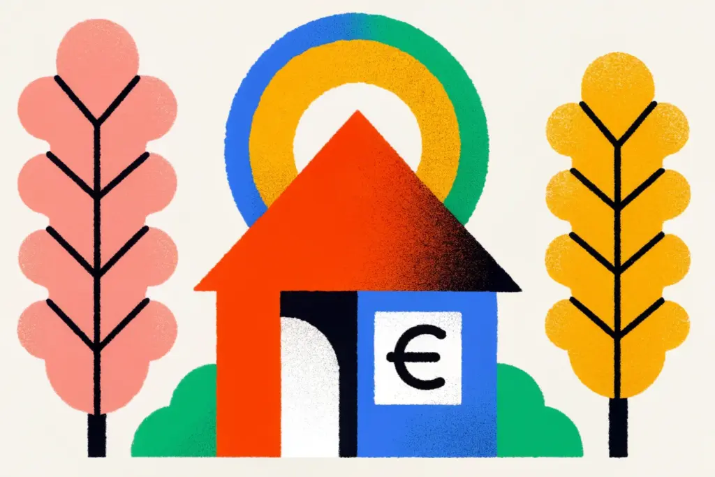 Illustration représentant une maison mise en vente avec un symbole euro, mettant en évidence une transaction immobilière et les enjeux financiers liés à la vente d’un bien