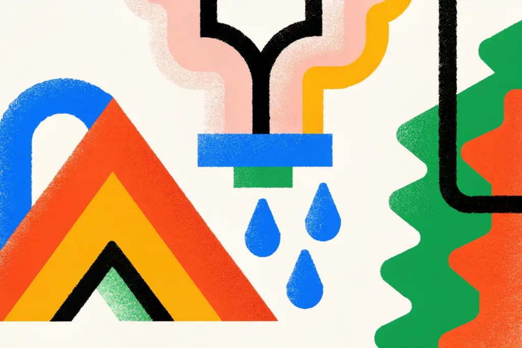 Illustration représentant la responsabilité en cas de fuite d’eau située en amont du compteur, avec des éléments symbolisant le réseau d’eau, le logement et les enjeux juridiques