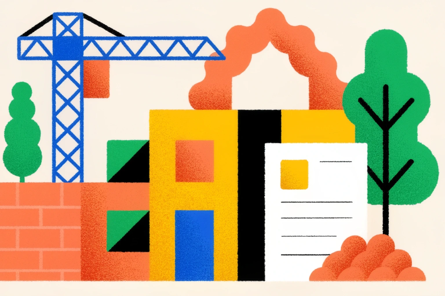 Illustration représentant un permis de construire modificatif, avec des éléments symbolisant un projet immobilier, des plans modifiés et la procédure d’autorisation d’urbanisme