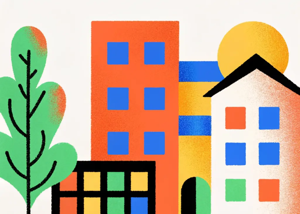 Illustration représentant l’exploitation d’un fonds de commerce installé sur le domaine public, avec des éléments symbolisant l’activité commerciale, l’occupation du domaine public et l’autorisation administrative