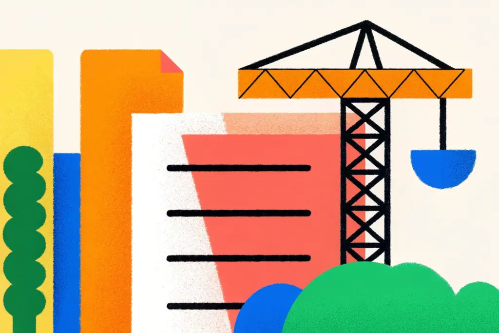 Illustration représentant la contestation d’un permis de construire, avec des éléments symbolisant un projet immobilier, un recours juridique et la procédure devant l’administration ou le juge