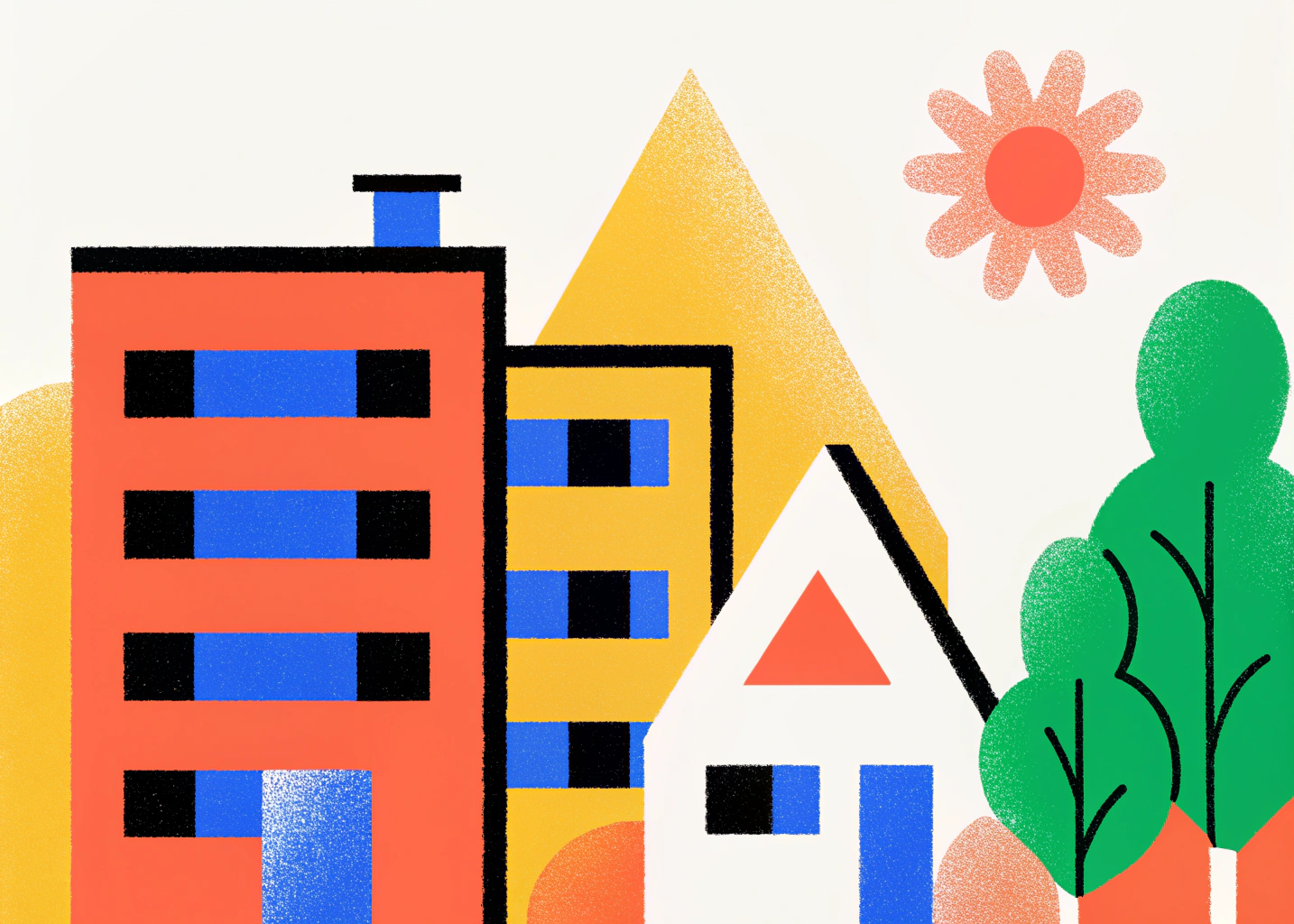 Illustration représentant le plan local d’urbanisme (PLU), avec des éléments symbolisant l’aménagement du territoire, le zonage urbain et les règles d’urbanisme applicables aux constructions