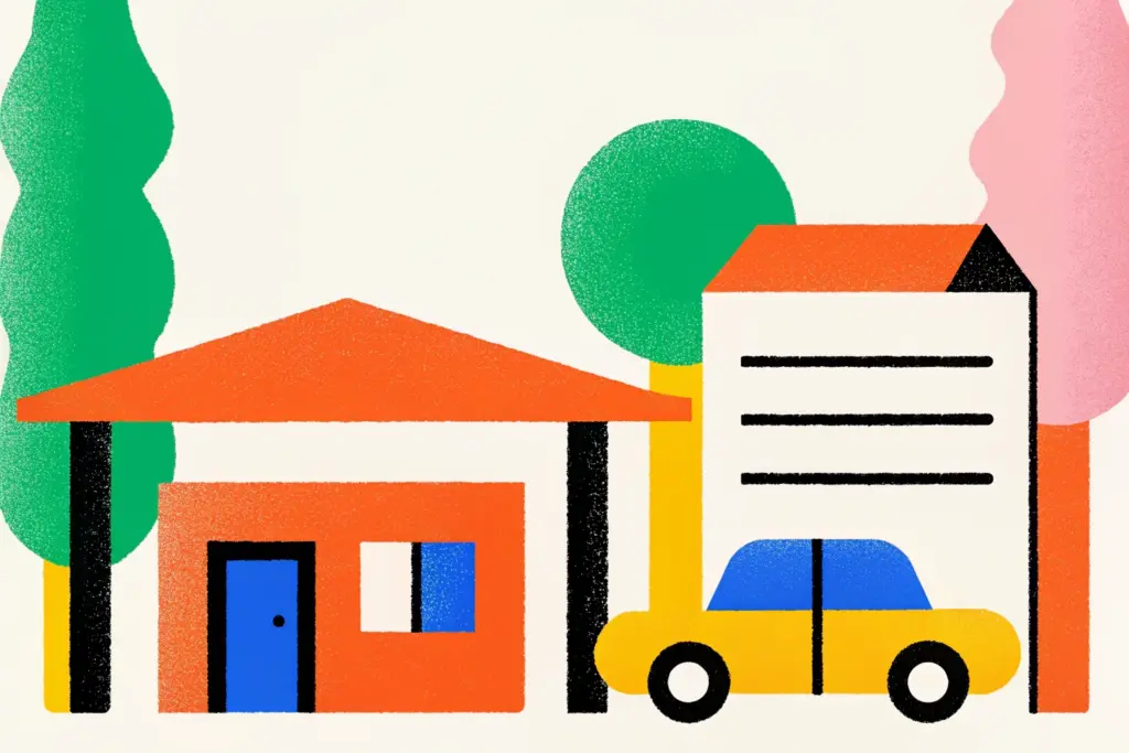 Illustration représentant un abri voiture ouvert (carport), avec des éléments symbolisant le stationnement, la construction légère et les règles d’urbanisme applicables