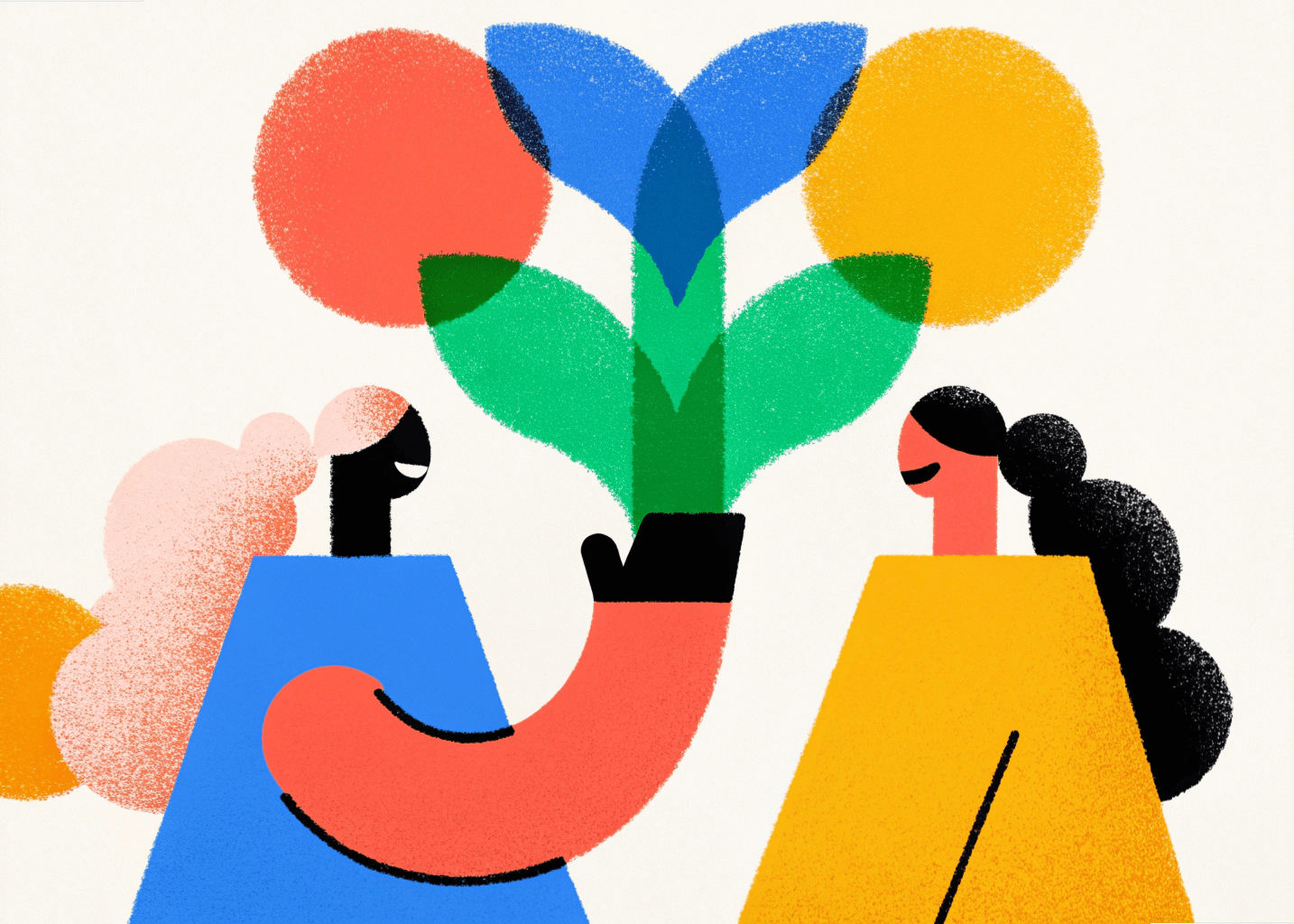 Illustration abstraite de deux personnes debout se parlant avec des éléments graphiques colorés