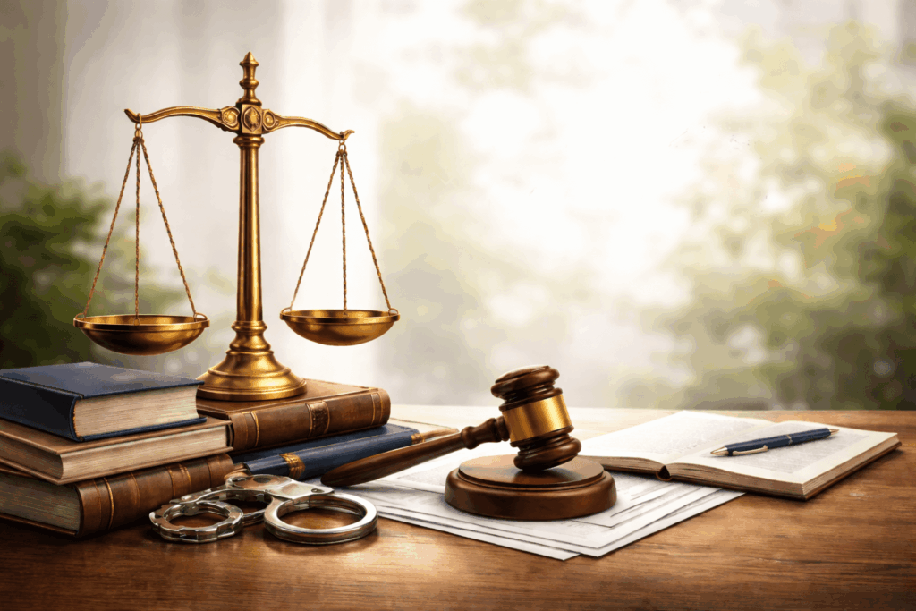 Balance de la justice, marteau de juge et documents juridiques sur un bureau d’avocat en droit public