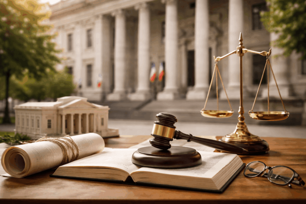 Balance de la justice devant le palais de justice de Grenoble, illustration du droit de la domanialité publique