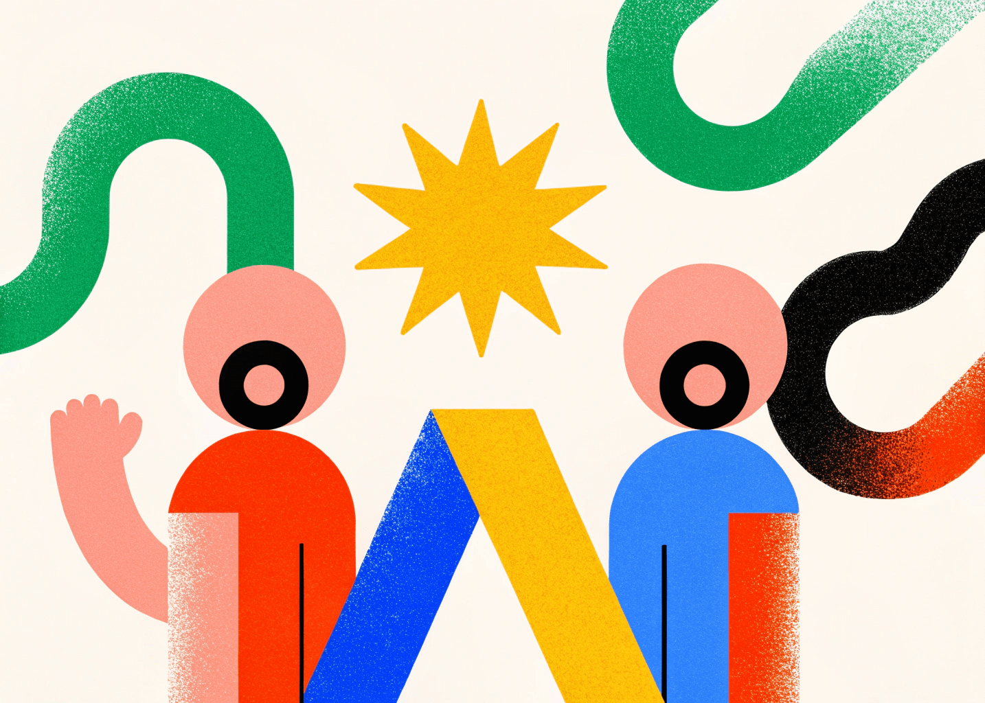 Illustration représentant un patron criant après un employé dans un style graphique abstrait