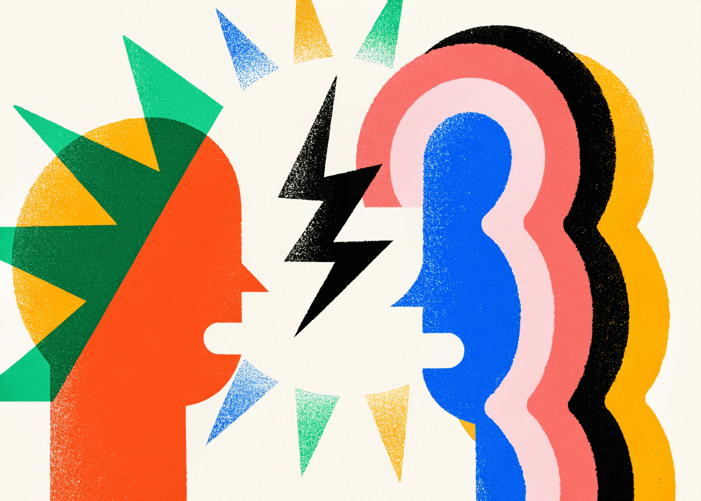 Illustration représentant un patron criant après un employé dans un style graphique abstrait