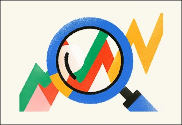 Illustration représentant une loupe posée sur un graphique en croissance avec des courbes colorées, symbolisant l’analyse de données, la performance et le suivi des résultats