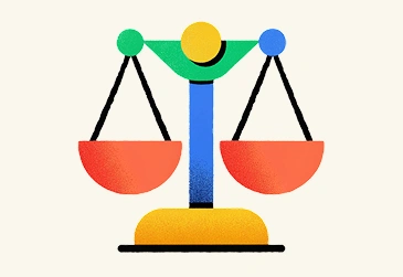 Illustration représentant une balance de justice stylisée avec des formes colorées, symbolisant l’équilibre, l’équité et le droit